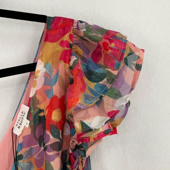 NWT Stella & Suzie Multicolor Floral V-neck Ruffle Chiffon Midi Dress Medium - Picture 4 of 12
